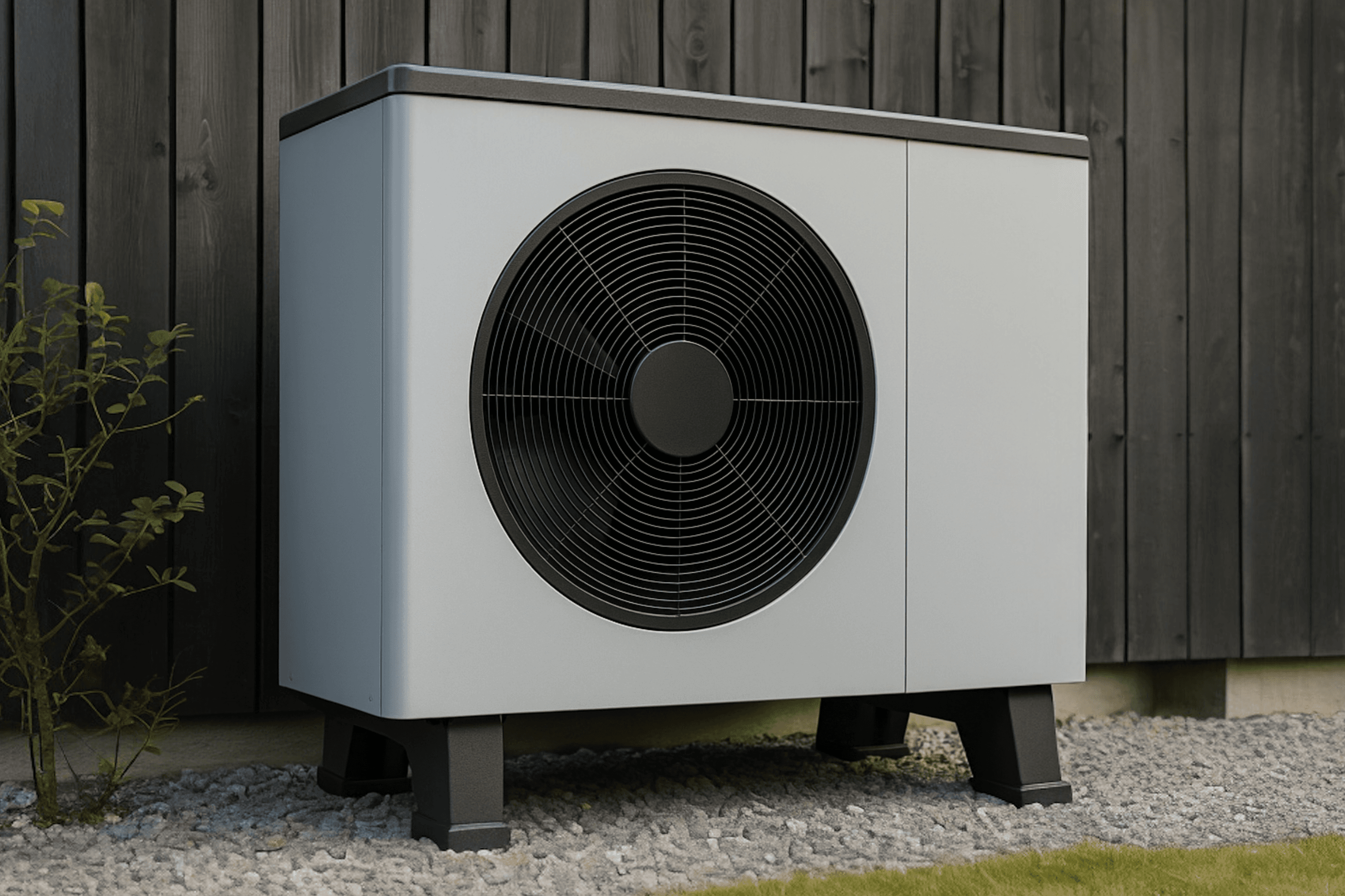Outdoor unit of an air-to-water heat pump installed beside a dark-clad building