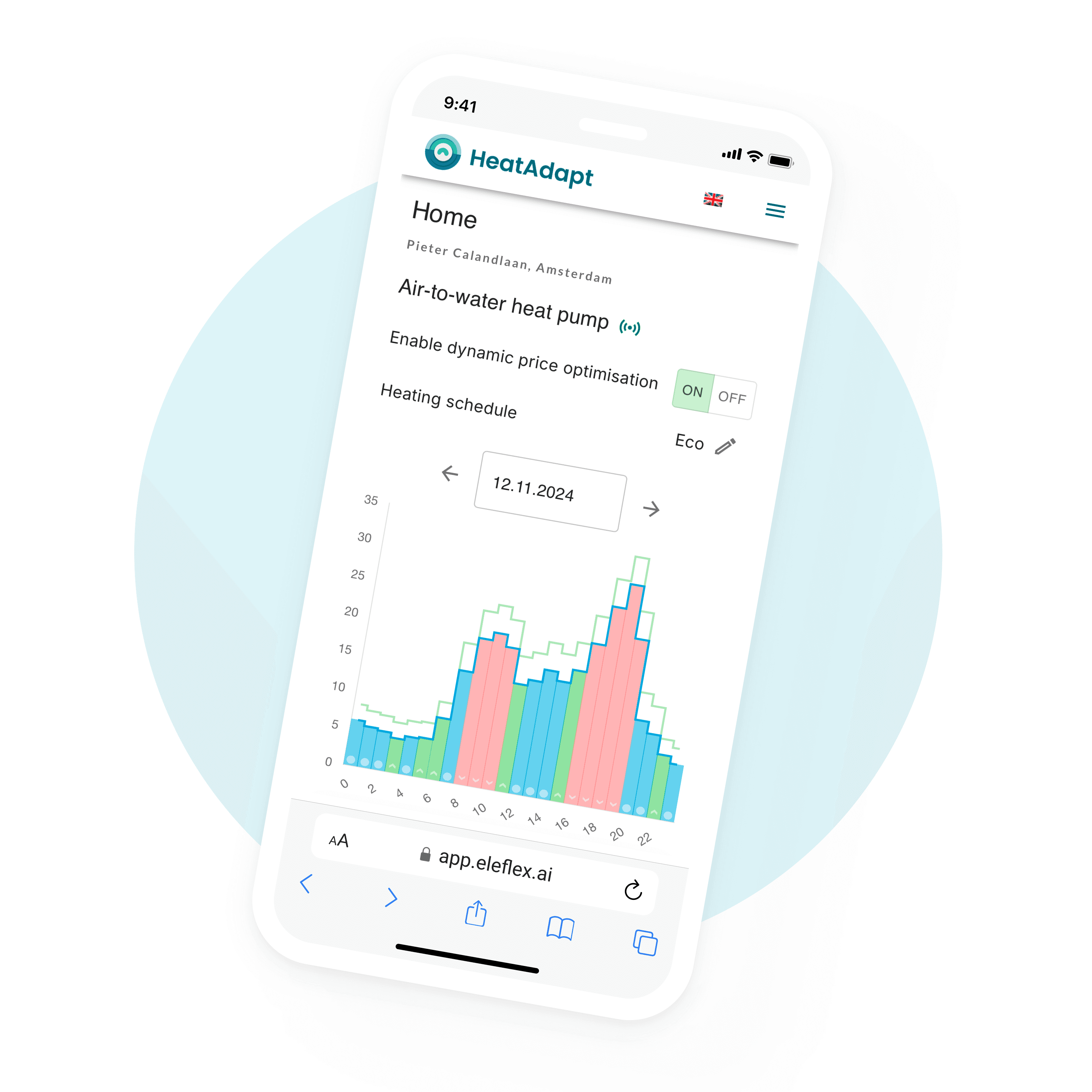 HeatAdapt web app showing day-ahead heating schedule